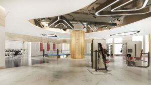 Discover the perfect gym with a modern interior, featuring various exercise equipment, a boxing ring, punching bags, and a unique ceiling design with geometric lighting fixtures.