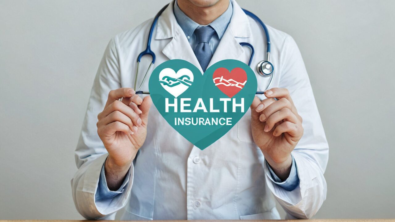 A doctor in a white coat holds a heart-shaped "Health Insurance" sign, with stethoscope around neck, symbolizing the essentials of Insurance Basics against a plain background.